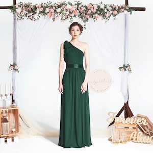 BB Daeva in Forest Green One shoulder Toga Floor length Boho Bridesmaid Maxi dress Wedding Prom dress