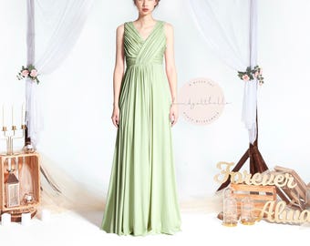 BB Blair in Sage Green V neck Drape Floor length Boho Bridesmaid Maxi dress Wedding Prom dress