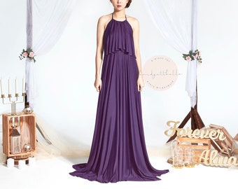 BB Faithe in Eggplant Dark Purple Halter Floor length Boho Bridesmaid Maxi dress Wedding Prom dress