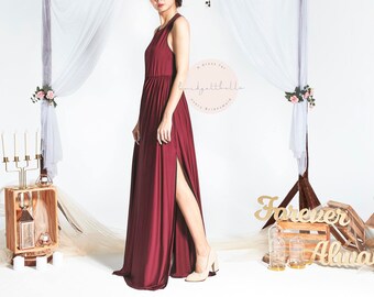 BB Evette in Wine Red Sleeveless Floor length with Slit Bridesmaid Wedding dress