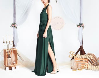 BB Evette in Forest Green Sleeveless Floor length with Slit Bridesmaid Wedding dress