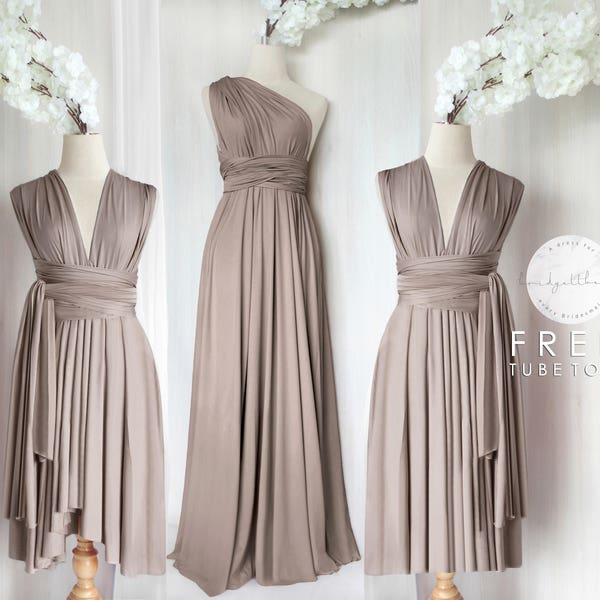 BB Floor length Maxi Infinity Multiway Convertible Formal Prom Bridesmaid dress in Light taupe (Regular & Plus size)