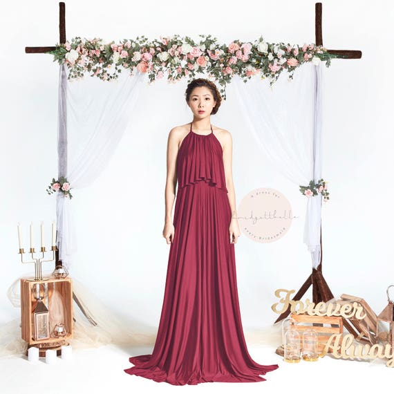 BB Faithe in Wine Red Halter Floor Length Boho Bridesmaid Maxi Dress  Wedding Prom Dress