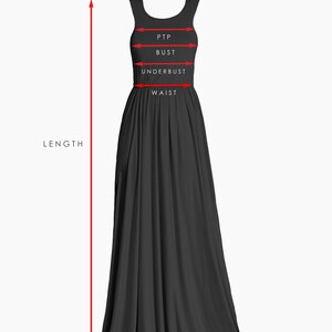 May include: A black sleeveless maxi dress with measurements marked for bust, underbust, waist, and length. The dress is called "NON - INFINITY DRESS".