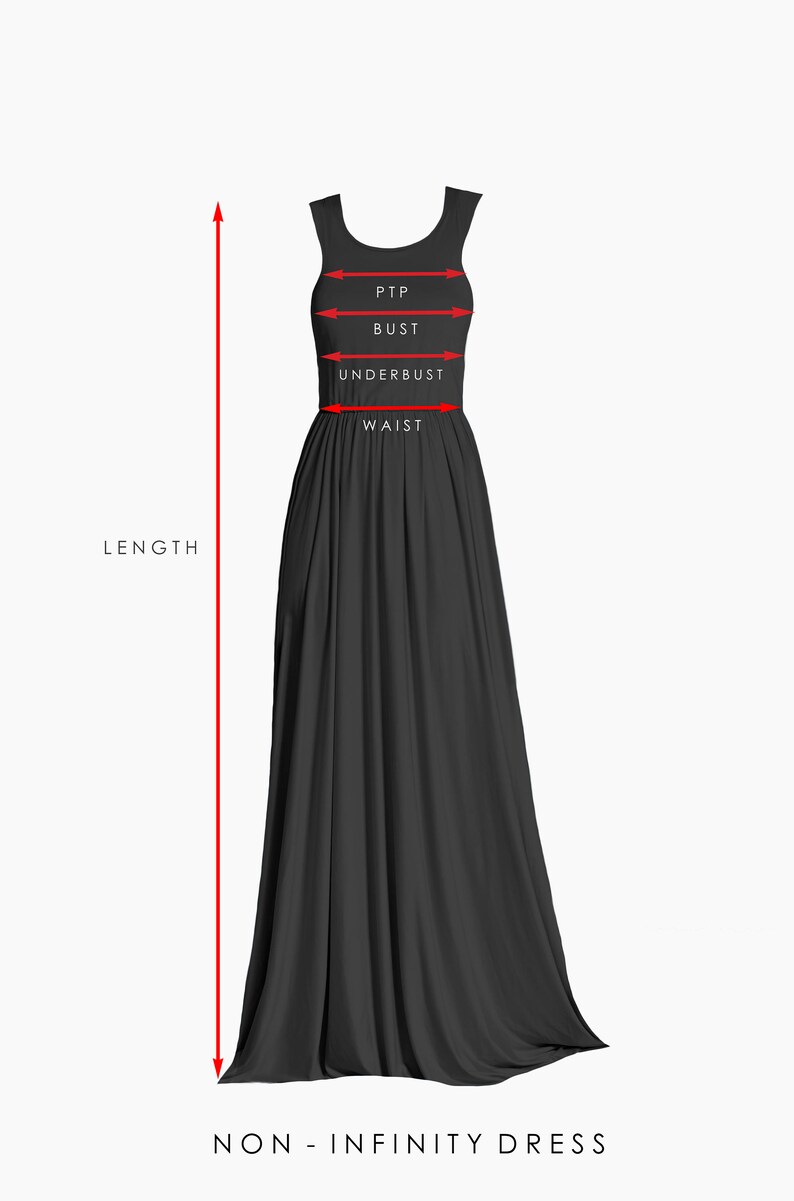 May include: A black sleeveless maxi dress with measurements marked for bust, underbust, waist, and length. The dress is called "NON - INFINITY DRESS".
