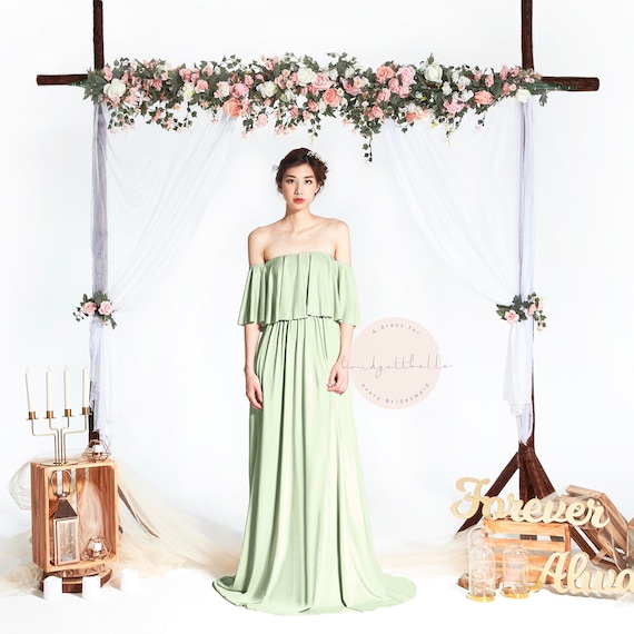 moss green dress bridesmaid Off the Shoulder Satin Evening Dress 7493-B – Sparkly Gowns main image 1