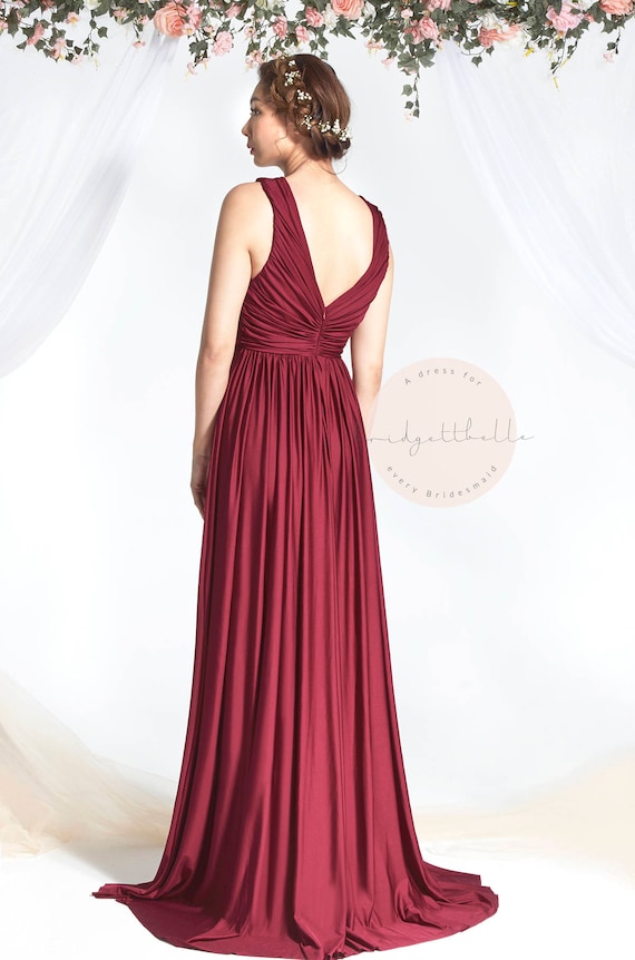 BB Blair in Dove Grey V neck Drape Floor length Boho Bridesmaid Maxi dress Wedding Prom dress