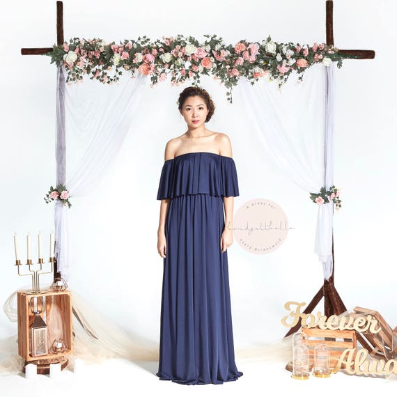 BB Acadia in Navy Blue 2 Way Off the Shoulder Floor length Convertible Boho Bridesmaid Maxi dress Wedding Prom dress