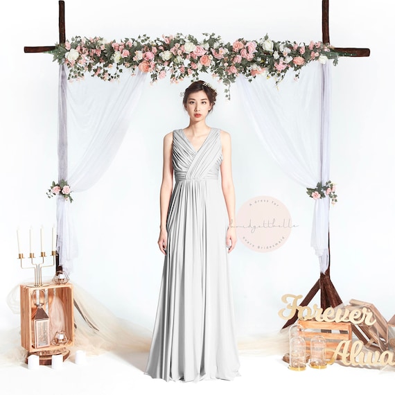 BB Blair in Dove Grey V neck Drape Floor length Boho Bridesmaid Maxi dress Wedding Prom dress