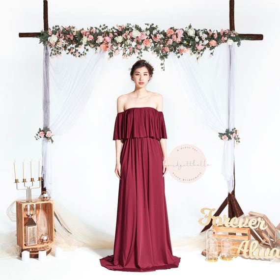 Bb Acadia in Wine Red 2 Way Off The Shoulder Floor Length Convertible Boho Bridesmaid Maxi Dress Wedding Prom Dress