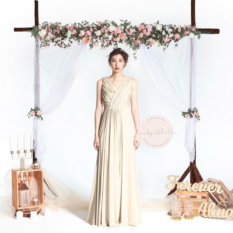 BB Blair in Champagne V neck Drape Floor length Boho Bridesmaid Maxi dress Wedding Prom dress image 1