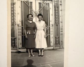 Vintage Snapshot “Afternoon Smiles at the Deco Gate” — circa 1954, No. 436 Found Photo, Vernacular Photo, Art Deco Architecture, Women