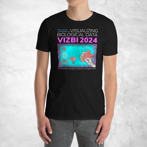Puede incluir: Camiseta negra con un diseño gráfico rosa y azul que dice "VISUALIZING BIOLOGICAL DATA VIZBI 2024" y "The University of Southern California, Los Angeles, USA".