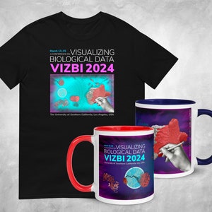 Puede incluir: Una camiseta negra con un diseño gráfico rosa y azul con el texto "Visualizing Biological Data Vizbi 2024". Dos tazas blancas con detalles rojos y azules presentan el mismo diseño gráfico.