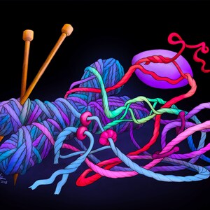 May include: A colorful tangle of yarn with wooden knitting needles, a purple ball of yarn, and a pink and red yarn loop.
