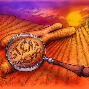 May include: A magnifying glass with a wooden handle is lying on a field of wheat. The glass is focused on a section of the field where the letters "GTCA" are spelled out in the wheat. The letters are surrounded by a strand of DNA.