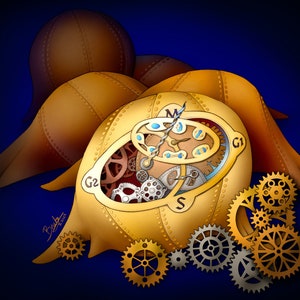 May include: A gold clock face with gears and a blue background. The clock is surrounded by three brown leather pouches with rivets. The clock face has the letters G1, G2, M, and S.