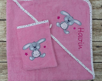 Kapuzenhandtuch mit Namen Set Hase bubblegum