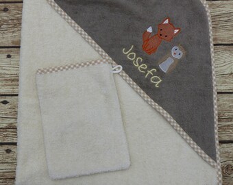 Hooded towel with name forest animals nature in set