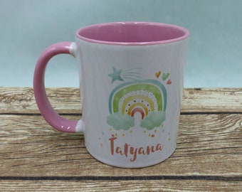 Cup with name Watercolor Rainbow No. 8 in desired color