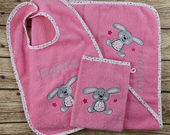 Kapuzenhandtuch mit Namen Hase bubblegum Set XL