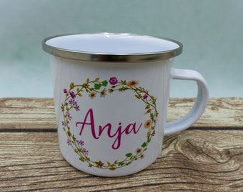 Enamel cup with name flower wreath purple