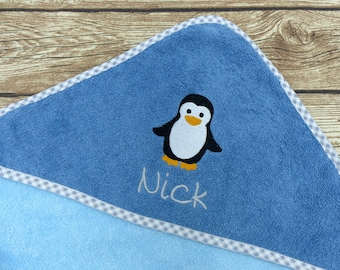 Hooded towel with name penguin crystal blue