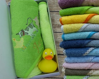 Gift set baby bathing with name farm in desired color