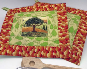 Pot holder Italy, trees, landscape, sewed, quilted