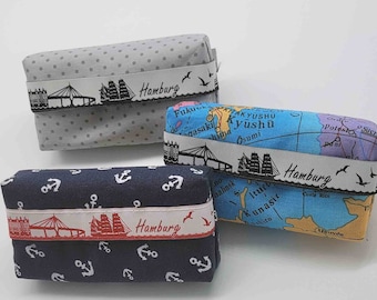 Hamburg skyline sewed, tissue pouch with silhouette, different fabric patterns at choice