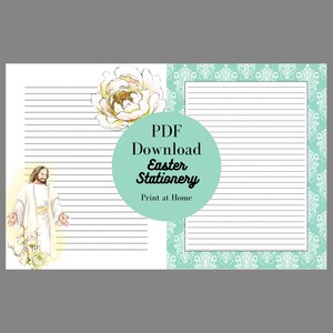 May include: Printable Easter stationery featuring a white flower and a depiction of Jesus Christ. The text reads "PDF Download Easter Stationery Print at Home".