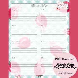 Lieblingsmahlzeiten zum Ausdrucken - Meal Master List für Rezeptordner - Mahlzeitenplanung - Liste zum Verfolgen Deiner Lieblingsrezepte - PDF druckbarer Download