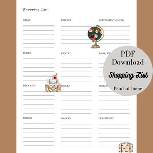 Peut inclure: Une liste de courses imprimable avec des catégories pour la viande, le congélateur, les suppléments, les produits laitiers, le garde-manger, le bébé, les produits frais, les boissons, les produits personnels, le réfrigérateur, les collations et la maison. La liste est décorée de valises et d'un globe terrestre.