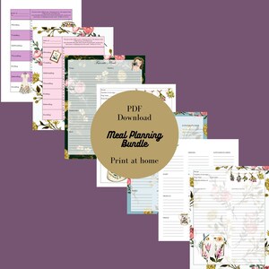 Peut inclure: Ensemble de planification des repas imprimable avec des motifs floraux. Comprend un planificateur de repas hebdomadaire, une liste d'épicerie, une liste de repas préférés et un menu de suppléments.