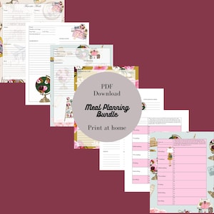 Peut inclure: Un lot de planification des repas imprimable en PDF avec un motif floral. Le lot comprend une liste de courses, des pages de recettes et un planificateur de repas hebdomadaire. Le texte "PDF Download Meal Planning Bundle Print at home" est sur la couverture.