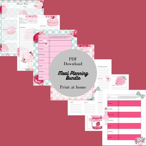 Peut inclure: Ensemble de planification des repas imprimable avec des motifs floraux roses et blancs. L'ensemble comprend un planificateur de repas hebdomadaire, une liste d'épicerie et un suivi des recettes. Le texte "PDF Download Meal Planning Bundle Print at home" est affiché sur l'image.