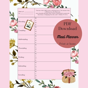 Florale wöchentliche Mahlzeit Planner PDF mit Schrift - Druckbare Food Log Insert für Rezeptmappe - Instant Download