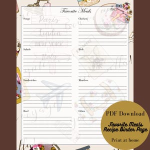 Lieblingsmahlzeiten zum Ausdrucken - Meal Master List für Rezeptordner - Mahlzeitenplanung - Liste zum Verfolgen Deiner Lieblingsrezepte - PDF druckbarer Download