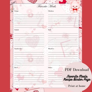 Lieblingsmahlzeiten zum Ausdrucken - Meal Master List für Rezeptordner - Mahlzeitenplanung - Liste zum Verfolgen Deiner Lieblingsrezepte - PDF druckbarer Download