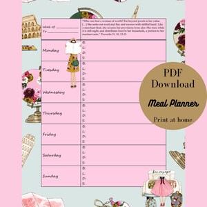 Planificateur de repas hebdomadaire floral PDF avec écriture sainte - téléchargement numérique instantané - carnet de nourriture sur le thème du voyage imprimable