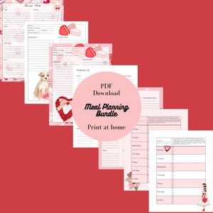 Peut inclure: Ensemble de planification des repas sur le thème de la Saint-Valentin imprimable. Comprend une liste de courses, un planificateur de repas hebdomadaire et des pages de recettes. Téléchargement PDF, impression à domicile.