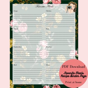 Lieblingsmahlzeiten zum Ausdrucken - Meal Master List für Rezeptordner - Mahlzeitenplanung - Liste zum Verfolgen Deiner Lieblingsrezepte - PDF druckbarer Download