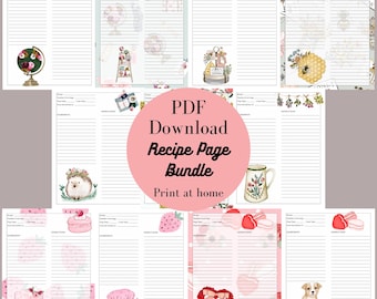 May include: A collection of printable recipe pages with decorative floral and food-themed illustrations. The pages include a variety of designs, such as a globe, a hedgehog, and a cake. The text "PDF Download Recipe Page Bundle" is also visible.