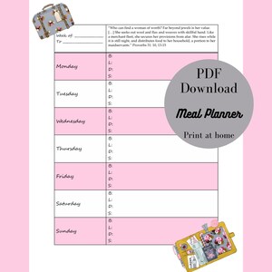 Planificateur de repas imprimable floral sur le thème du voyage avec écriture sainte - Insertion dans le classeur de recettes - Téléchargement numérique instantané au format PDF