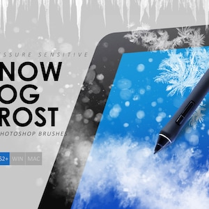 May include: A digital tablet with a blue screen and a white stylus. The screen shows a winter scene with snow, fog, and frost. The text "Pressure Sensitive Snow Fog Frost 20 Photoshop Brushes PS CS2+ WIN MAC" is displayed on the tablet.