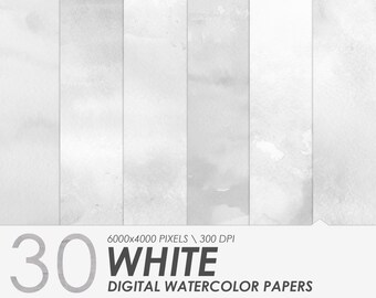 30 White Watercolor Digital Paper, Watercolor White Papers, Scrapbook Papers, White Watercolor Textures, Commercial Use, Digital Download
