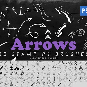Puede incluir: Un conjunto de 82 pinceles de sello de flecha dibujados a mano para Photoshop. Los pinceles son en blanco y negro y están diseñados para parecer dibujados en una pizarra. La imagen incluye el texto "Arrows 82 Stamp PS Brushes ~2500 Pixels - 300 DPI".
