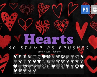 50 Heart Photoshop Stamps, Heart Clip Art, Heart Brushes, Brushes Tattoo, Love Photoshop Brushes, Hearts, Digital Download, Heart PNG