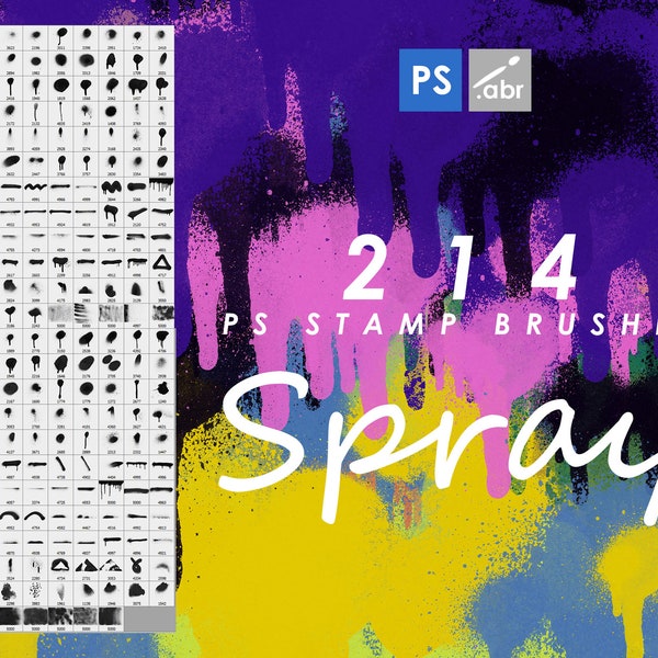 214 Spray Paint Photoshop-penselen, Photoshop-overlays, splatterborstels, graffitiborstels, inktborstels, stempels, lekken, digitale download