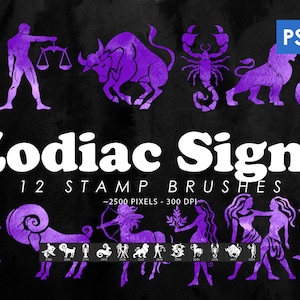 Zodiac Photoshop Stamp Brushes, Astrology Brushes, Procreate Brushes, Brushes ABR, Zodiac Signs, Astrology Clip Art, Printable, Shapes